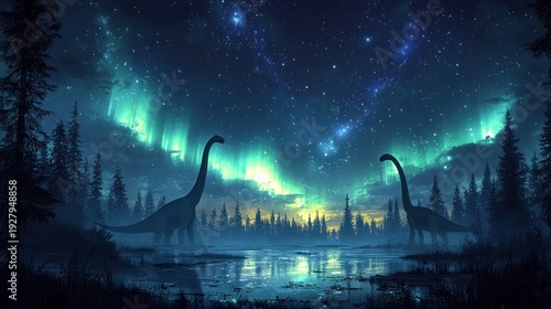 Dinosaurs in Night Sky Aurora Borealis Forest Scene with Northern Lights and Starry Sky