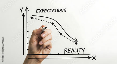 Businessman drawing expectations vs reality graph with marker on whiteboard