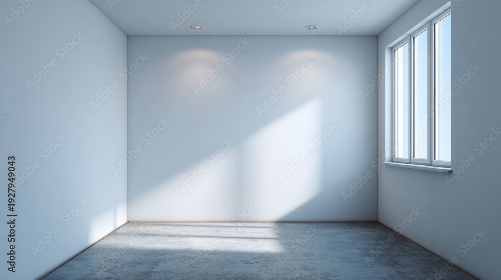 Obraz premium Bright empty room with concrete floor and large window.