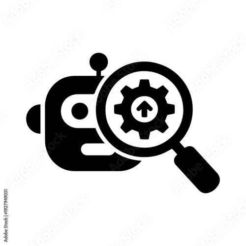 Artificial intelligence robot with magnifying glass and gear vector icon for SEO optimization, automated search, and data analysis, representing technology and automation concepts