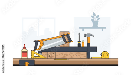 Variety of tools on a workbench for DIY projects and home improvement