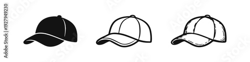Baseball Cap Icons Set: Sportswear Hat Silhouette, Outline, and Hand-Drawn Styles