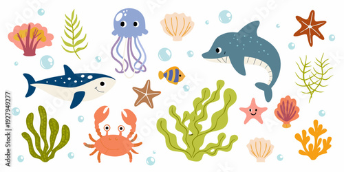Colorful cartoon illustration of various sea creatures and marine life