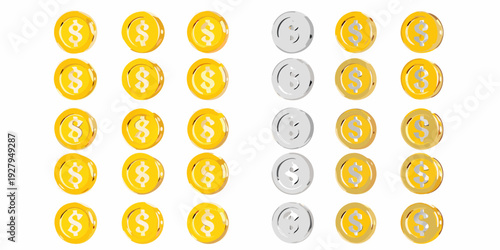 Arrangement of golden and silver dollar sign coins on a white background