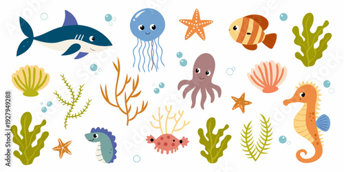 Colorful cartoon illustration of various sea creatures and underwater plants