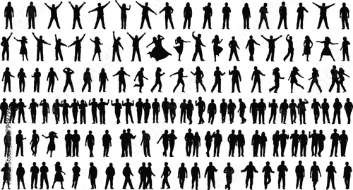 Huge collection of black people silhouettes standing walking dancing and waving in various poses featuring large group of men and women isolated on white background