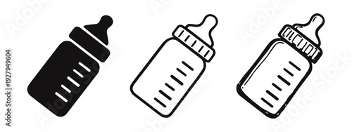 Baby Milk Feeding Bottle Icon Set in Solid, Outline, and Sketch Styles