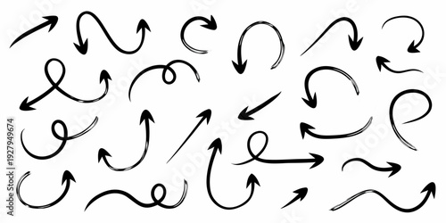 Collection of hand drawn black arrows and curved directional elements