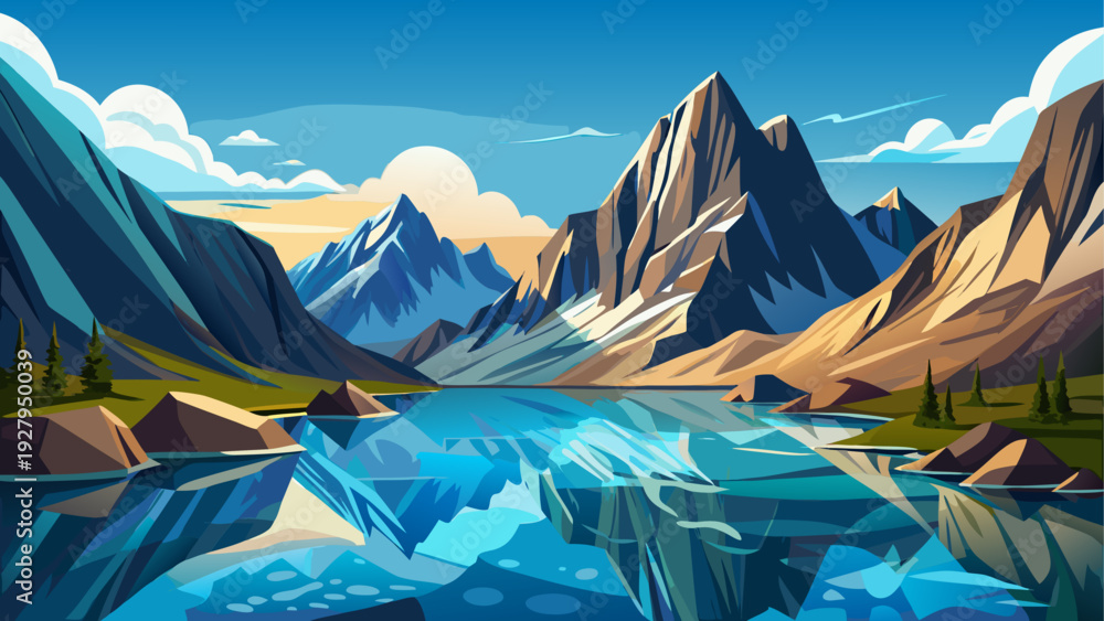 Fototapeta premium A small alpine lake surrounded by high rocky mountain slopes smooth reflective water under clear sky clean minimal vector illustration flat design uncluttered peaceful composition