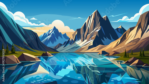 A small alpine lake surrounded by high rocky mountain slopes smooth reflective water under clear sky clean minimal vector illustration flat design uncluttered peaceful composition