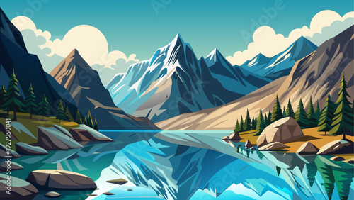 A small alpine lake surrounded by high rocky mountain slopes smooth reflective water under clear sky clean minimal vector illustration flat design uncluttered peaceful composition