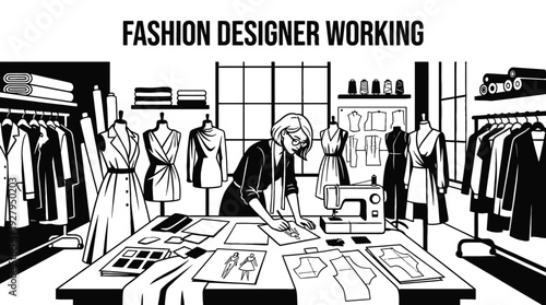 fashion designer working in an atelier studio creating new clothing collection black and white vector representing creativity tailoring and modern fashion industry
