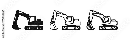 Construction Digger Excavator Icon Set with Black, Outline, and Sketch Versions