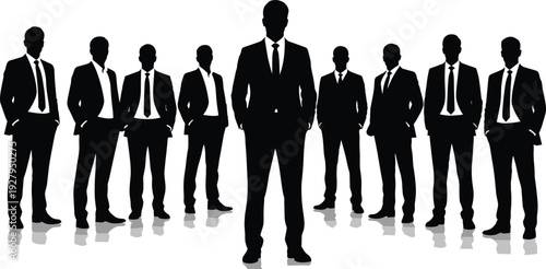Large group of professional businessman silhouettes wearing formal suits and ties standing together in a confident team formation isolated on a white background