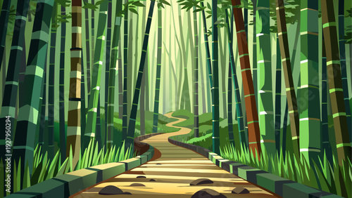 A dense bamboo forest with tall vertical natural lines forming depth open ground pathway leading through greenery soft light atmosphere clean minimal vector illustration flat design