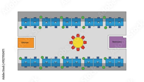 Modern office layout with collaborative workspace and amenities