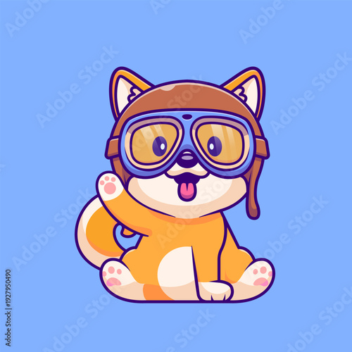 Cute Shiba Inu Dog Wearing Pilot Helmet And Waving Hand 
Cartoon