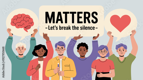 Diverse group of people raising awareness for mental health matters with signs