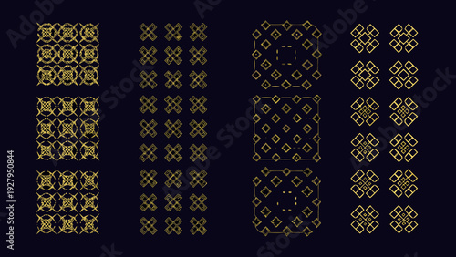 Geometric patterns composed of small golden squares on a dark background