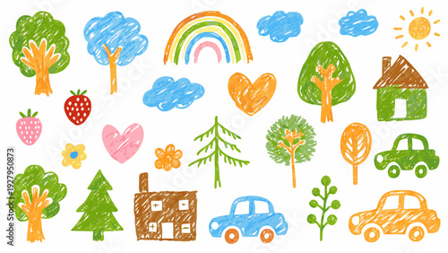 Child s crayon drawing featuring trees a rainbow hearts and various objects