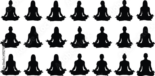 Large collection of diverse black silhouettes featuring people sitting in various meditation and yoga lotus poses isolated on a white background for wellness concepts