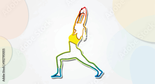Abstract Colorful Yoga Woman Illustration in Warrior Pose isolated PNG with Transparent Background