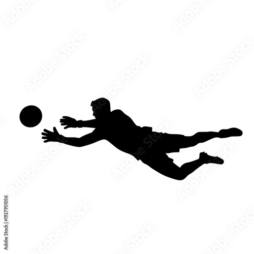 Goalkeeper silhouette diving to catch soccer ball. Football goalie save action isolated on white background for sport logo and tournament design