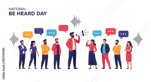 National Be Heard Day Diverse People with Megaphone and Speech Bubbles Empowerment Communication Concept Vector Illustration