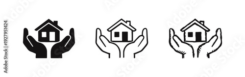 Hands Holding House Icon Set - Solid, Outline, and Hand-Drawn Styles for Home Protection and Care