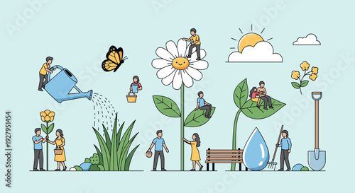 A community of tiny people works together to water and care for oversized flowers and plants under a bright sun.