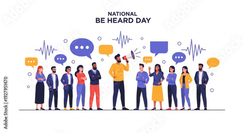 National Be Heard Day Diverse People with Megaphone and Speech Bubbles Empowerment Communication Concept Vector Illustration