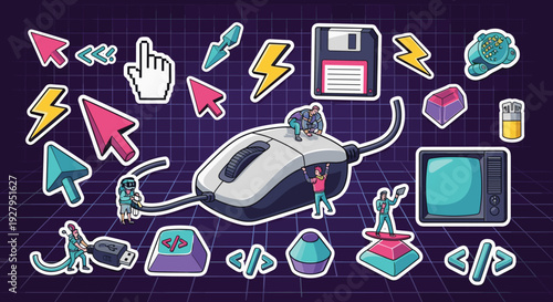 Tiny people interact with oversized retro computer hardware like a mouse, floppy disk, and CRT monitor against a purple grid background in a nostalgic 90s technology concept illustration.