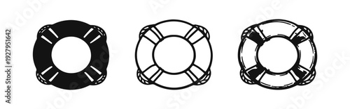 Lifebuoy Icon Set with Rope Detail - Solid, Outline, and Hand-Drawn Styles for Maritime Safety