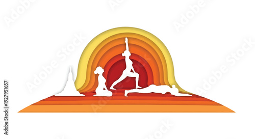 Minimalist Vector Yoga Poses in Layered Paper Cut Style with Warm Sunset Gradient Background isolated PNG with Transparent Background