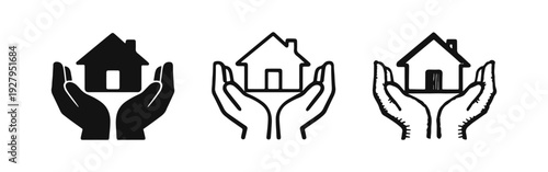 Hands holding a house icon set in flat, outline, and doodle styles, representing property care and real estate.