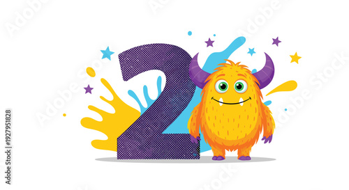 Cute orange monster with purple horns stands next to a large textured number two surrounded by colorful paint splashes and stars.