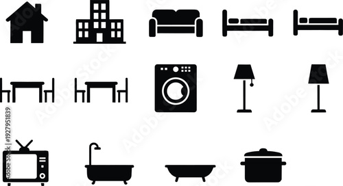 Comprehensive Home and Furniture Pictogram Set Featuring Black and White Vector Symbols of House Building Sofa Bed Table Washing Machine and Television