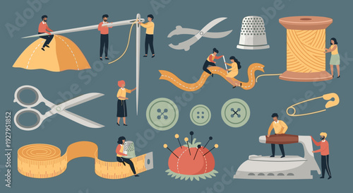 A set of illustrated sewing and tailoring icons shows tiny people using oversized tools like needles, scissors, a thimble, and a sewing machine on a gray background.