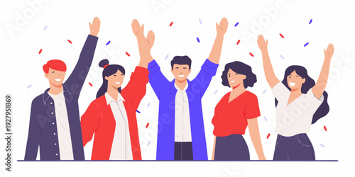 A group of diverse people celebrating with raised hands and confetti