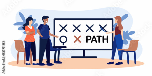 Team collaborating around a tic tac toe board with a path visualization