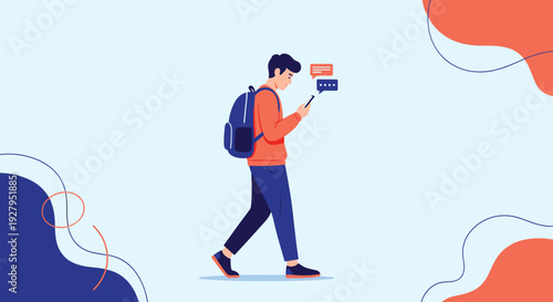 Young man with a navy backpack walks across a light blue background while looking down at his smartphone for messages or navigation.