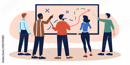 Diverse team collaborating on strategy with a whiteboard and planning arrows