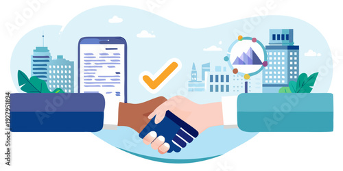 Business agreement symbolized by a handshake and digital cityscape