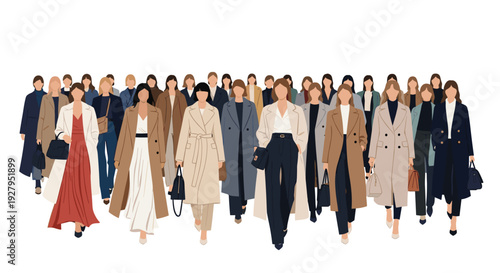 Large group of stylish women in various professional coats and fashionable outfits walk forward in a confident and elegant manner.