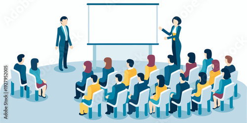 A business presentation is delivered to a seated audience in a conference