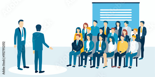 Business professionals gathered for a presentation or meeting discussion