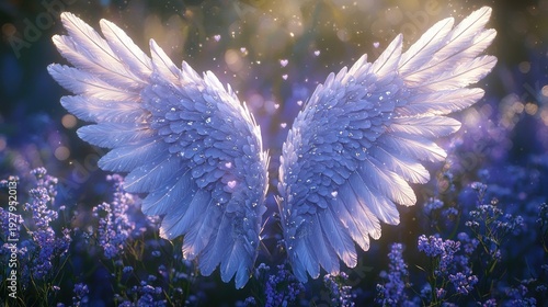 Angel Wings Surrounded by Lavender Flowers in Magical Soft Light