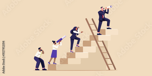 Business professionals climb a staircase toward success and future opportunities