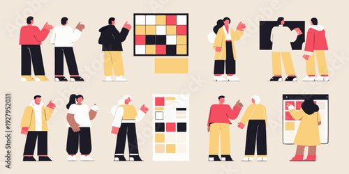 Diverse group of people interacting with modern art installations