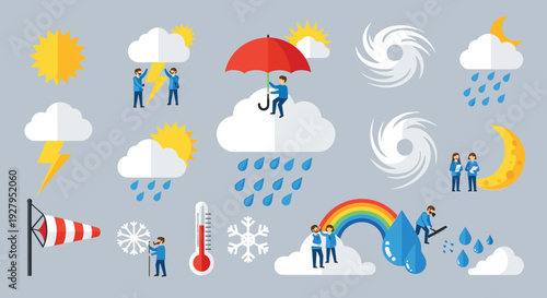 A flat design vector illustration set featuring tiny people interacting with various weather phenomena icons like the sun, clouds, rain, lightning, and a rainbow.